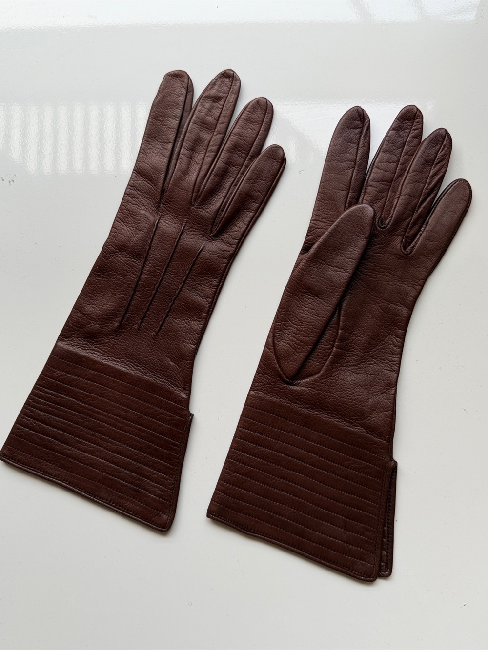 Prada Vintage Brown Leather Mid-Length Long Gloves (100% Silk Lining)